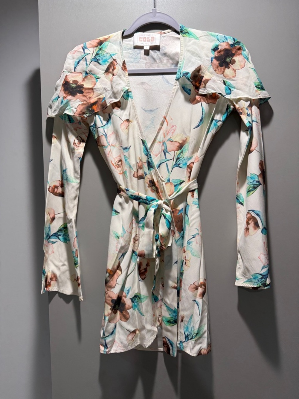 Stone Cold Fox Cream Floral Wrap Dress with Teal and Brown Accents